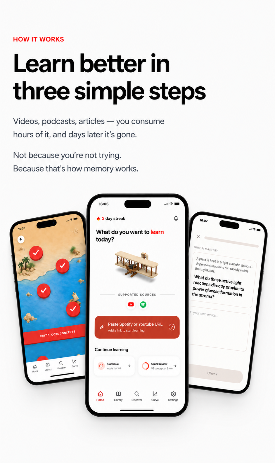 How it works: paste any video, climb your path, remember it